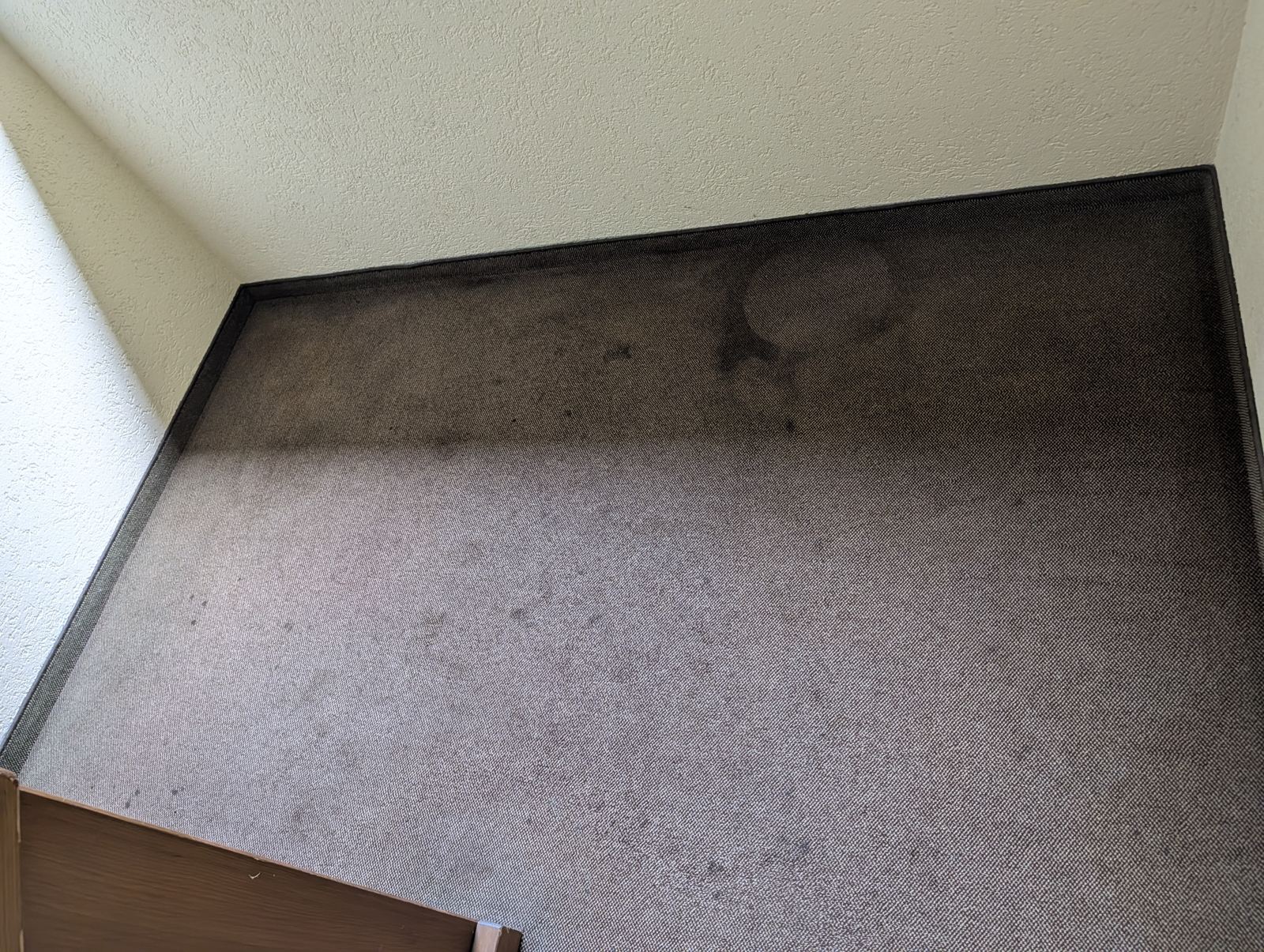 Teppichboden im Treppenhaus vor der Teppichreinigung – Flecken und Laufstraße